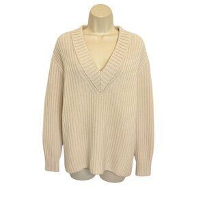 Acne Studios 100% Wool Ribbed V-Neck Sweater Beige Oversized Knit - Size XS